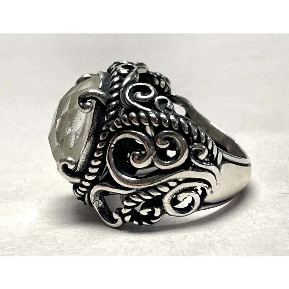 Carolyn Pollack 925 Sterling Silver Faceted Clear Stone Ring Size 7 Ornate